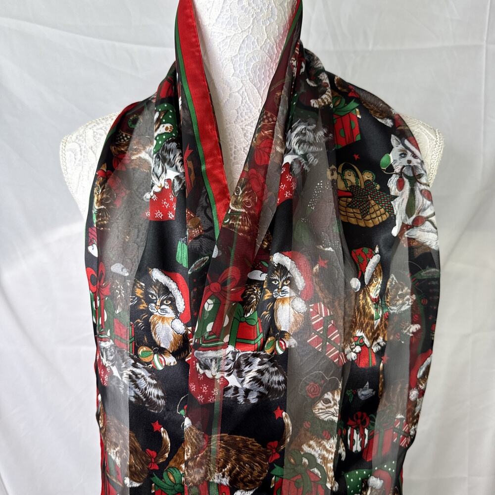 Christmas Scarf Cat Santa Hat Red Black Festive Holiday Fashion 13"x59" EUC